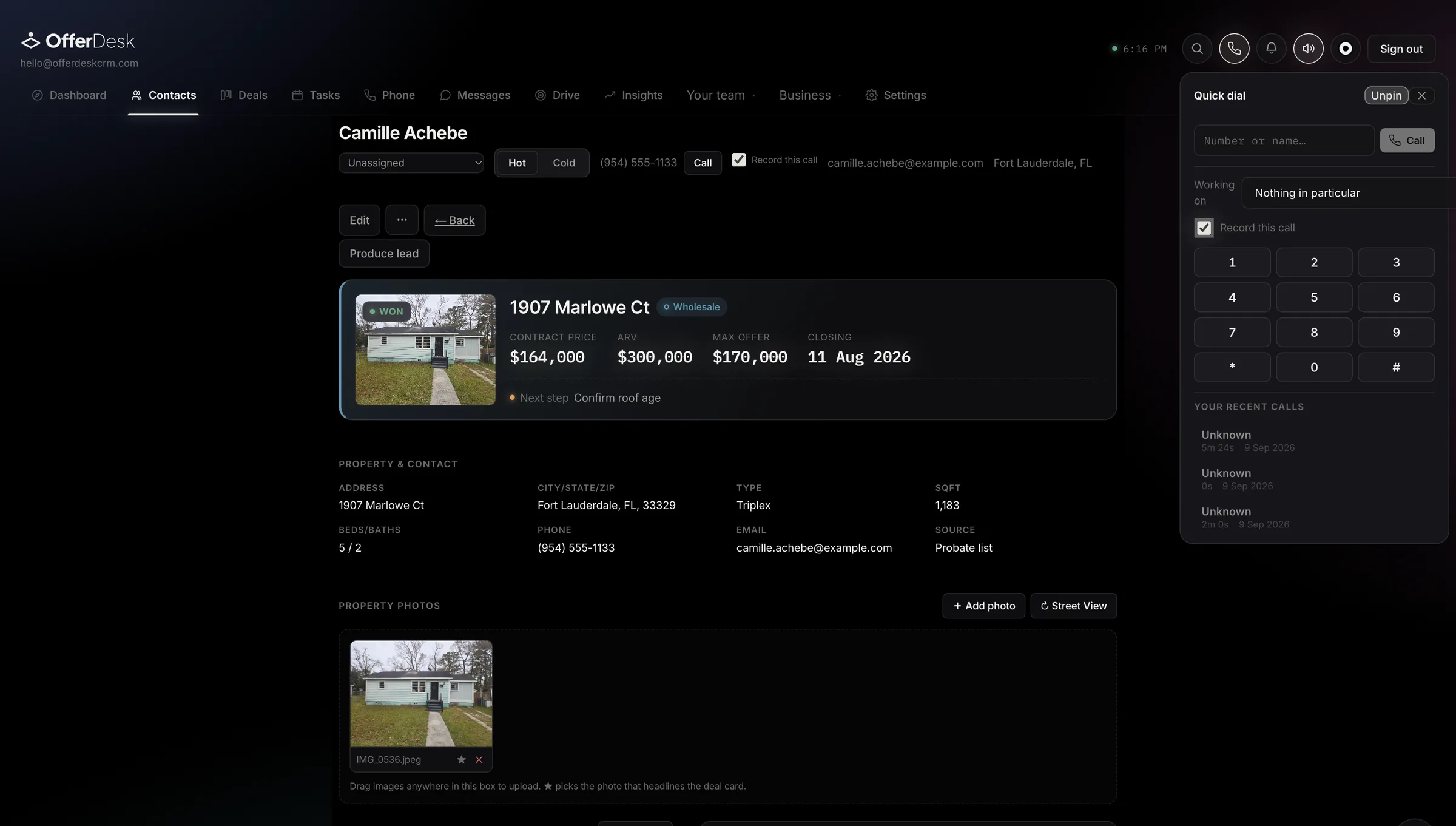 A seller's profile in OfferDesk: the property photo, contract price, ARV and max offer, with the dial pad pinned open beside it.