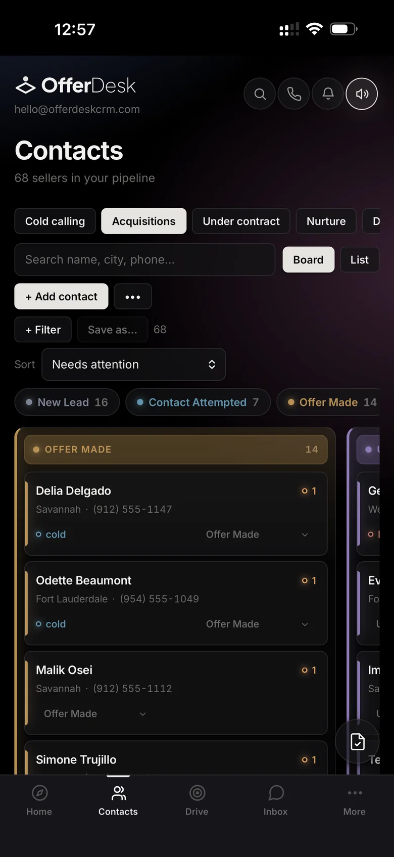 The OfferDesk pipeline board on a phone.