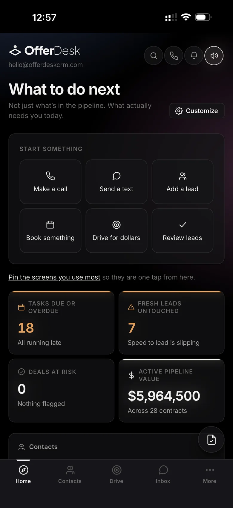 The OfferDesk dashboard on a phone.