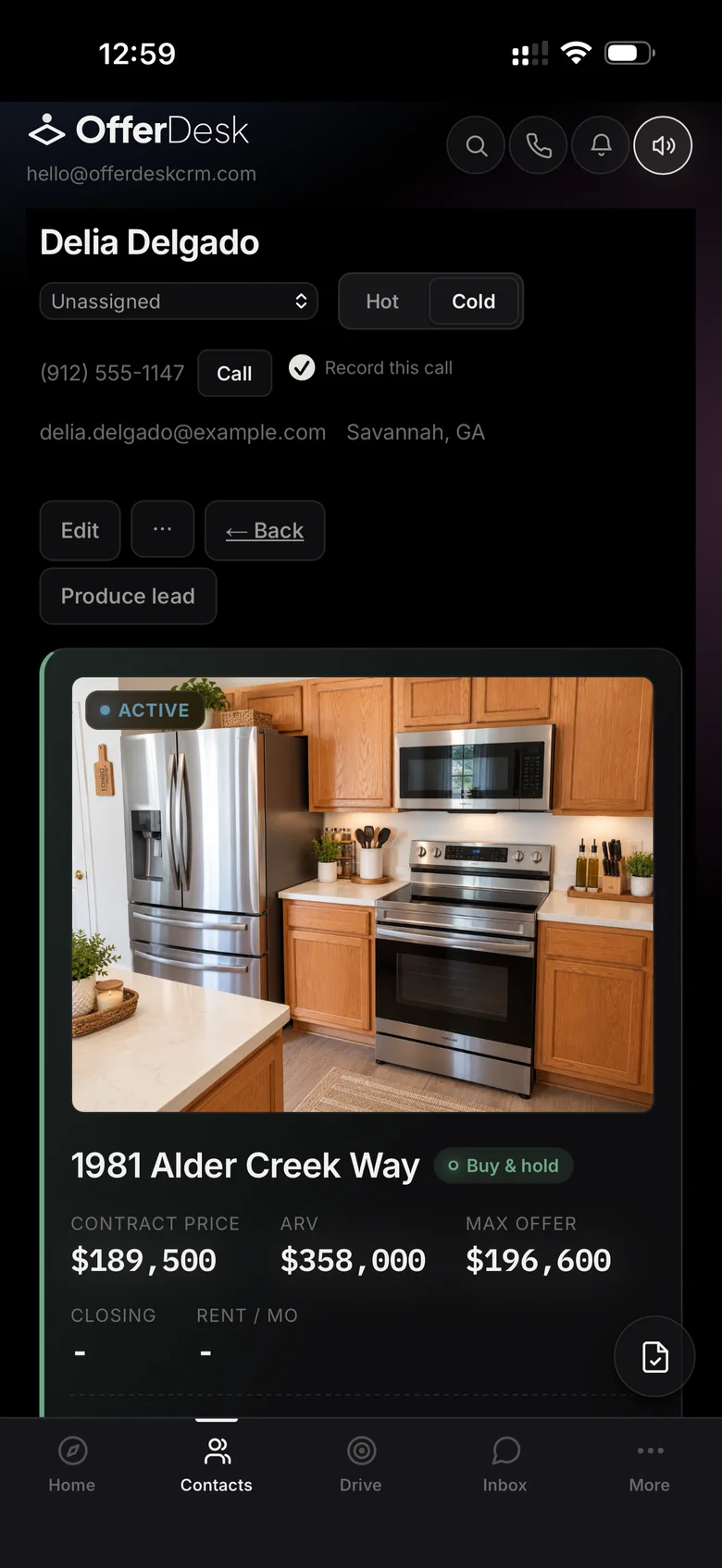 A deal card on a phone with contract price, ARV and max offer.