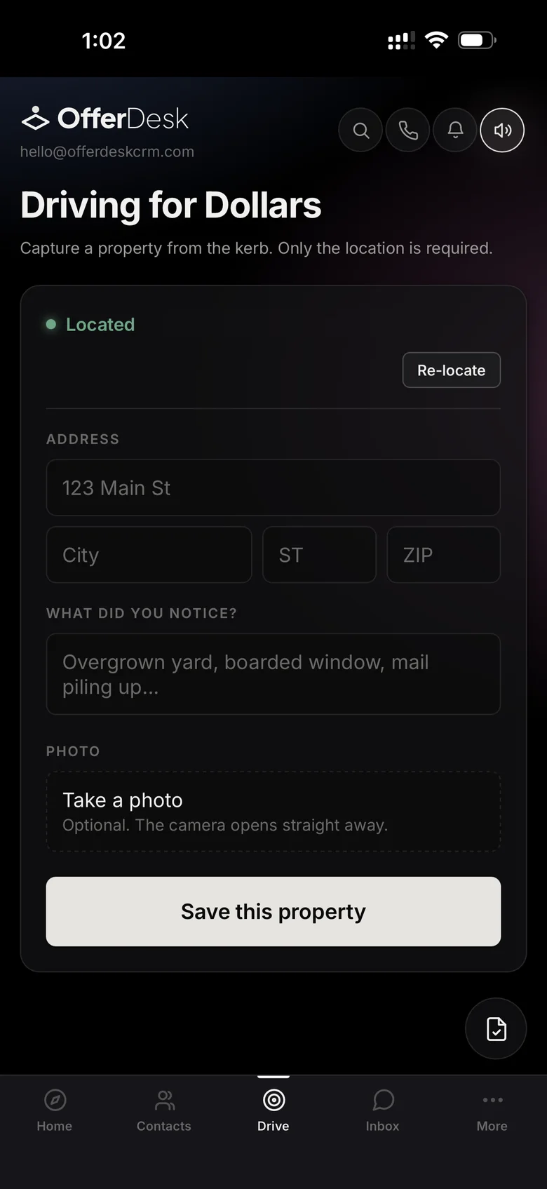 Driving for Dollars on a phone: the location found, an address form and a button to save the property.