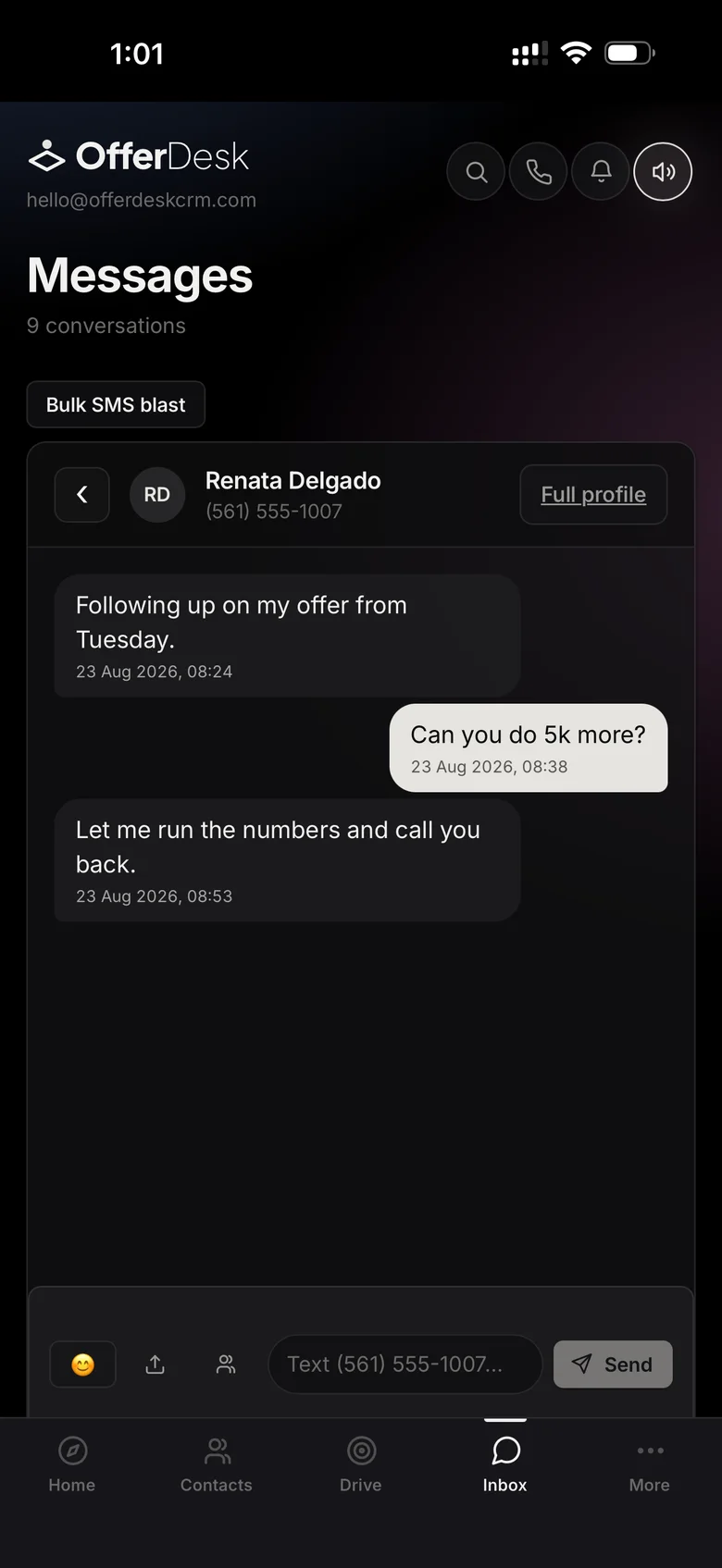 A seller conversation in the OfferDesk inbox on a phone.