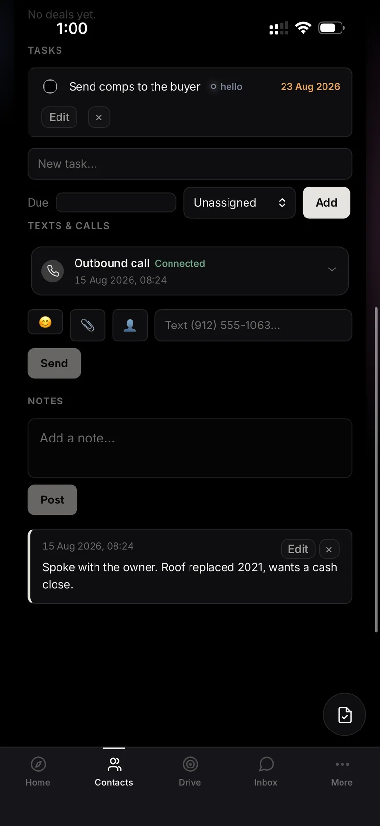 A lead's tasks, call log and notes on a phone.